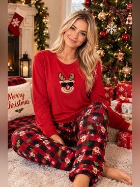 Set Jerzees Women's Red Sweatshirt Reindeer Top Small and No Boundaries Pants M